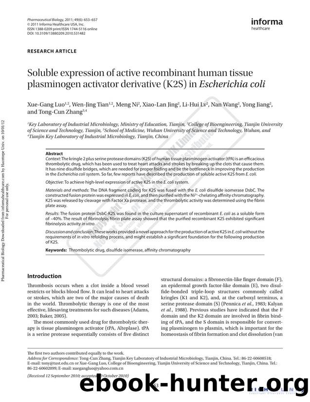 Soluble expression of active recombinant human tissue plasminogen activator derivative (K2S) in Escherichia coli by unknow