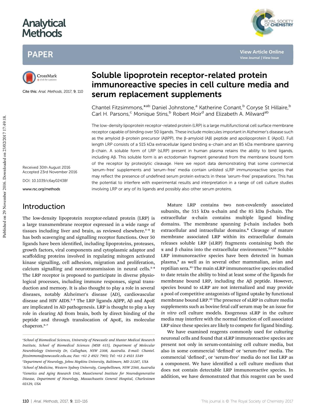 Soluble lipoprotein receptor-related protein immunoreactive species in cell culture media and serum replacement supplements by unknow