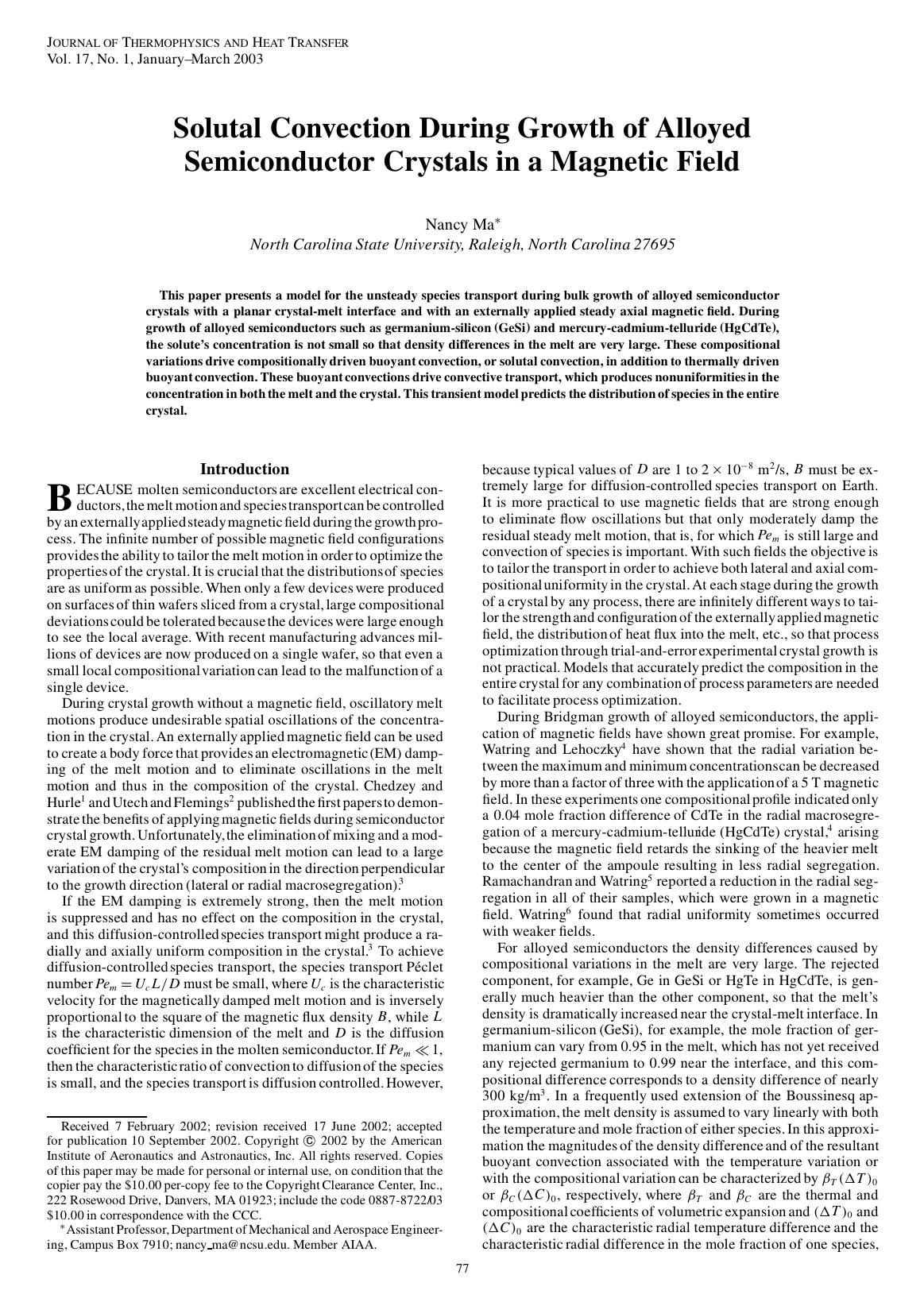 Solutal Convection During Growth of Alloyed Semiconductor Crystals in a Magnetic Field by Unknown