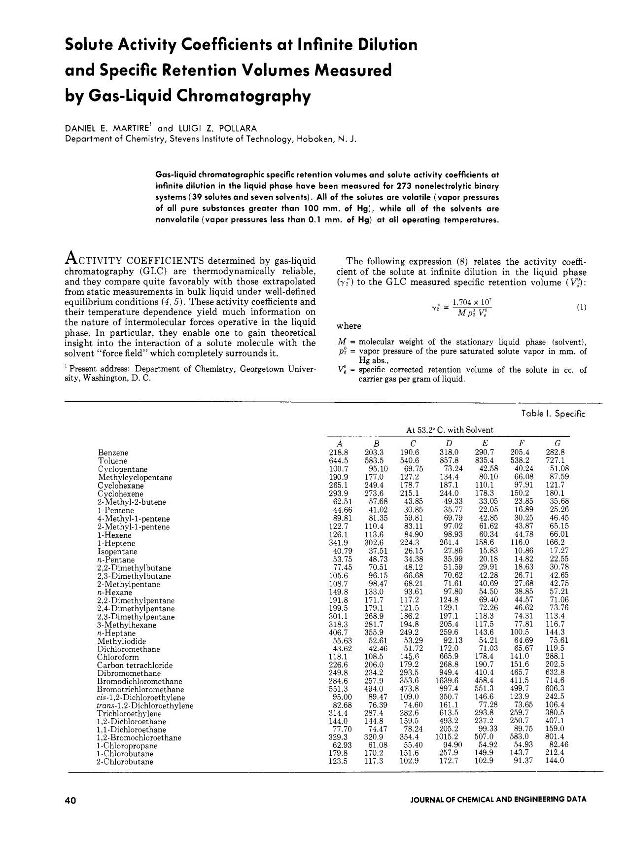 Solute Activity Coefficients at Infinite Dilution and Specific Retention Volumes Measured by Gas-Liquid Chromatography. by D. E. Martire L. Z. Pollara