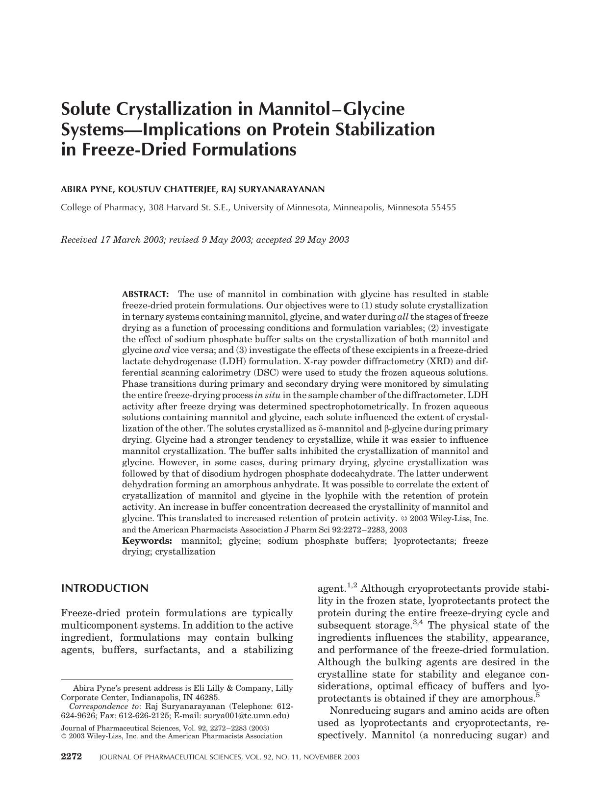 Solute crystallization in mannitol-glycine systems - implications on protein stabilization in freeze-dried formulations by Unknown
