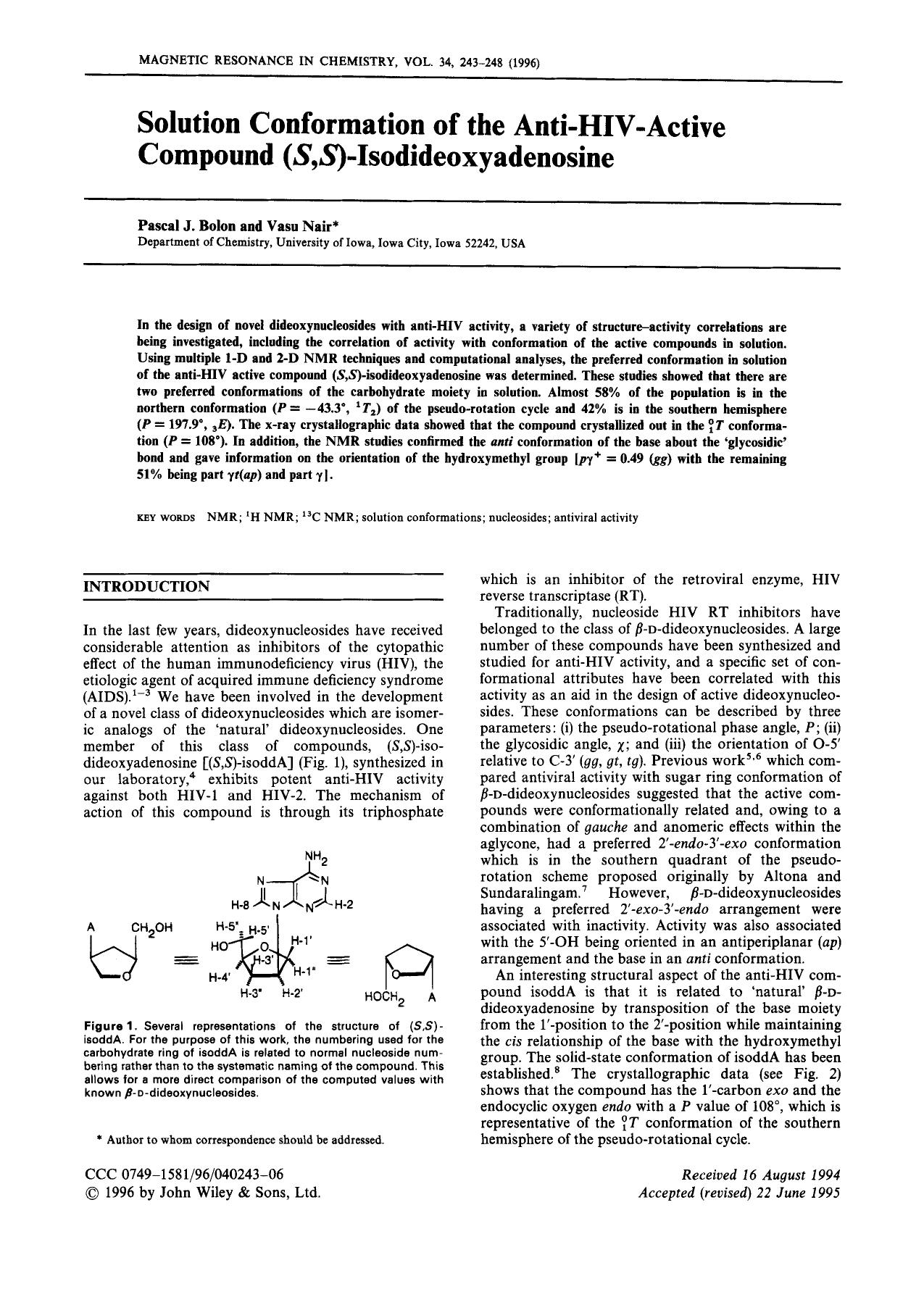 Solution Conformation of the Anti-HIV-Active Compound (S,S)-Isodideoxyadenosine by Unknown