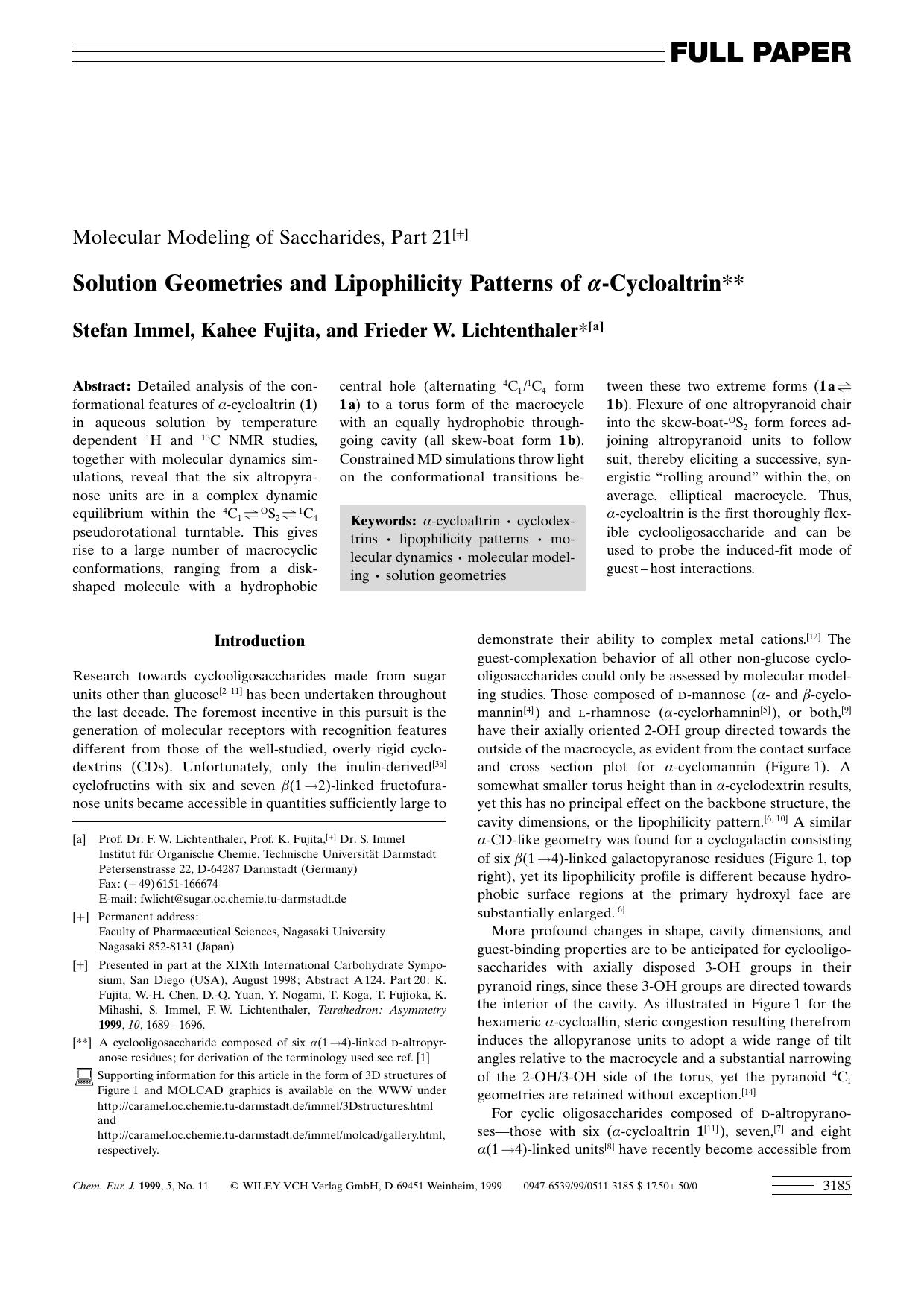 Solution Geometries and Lipophilicity Patterns of [alpha]-Cycloaltrin by Unknown