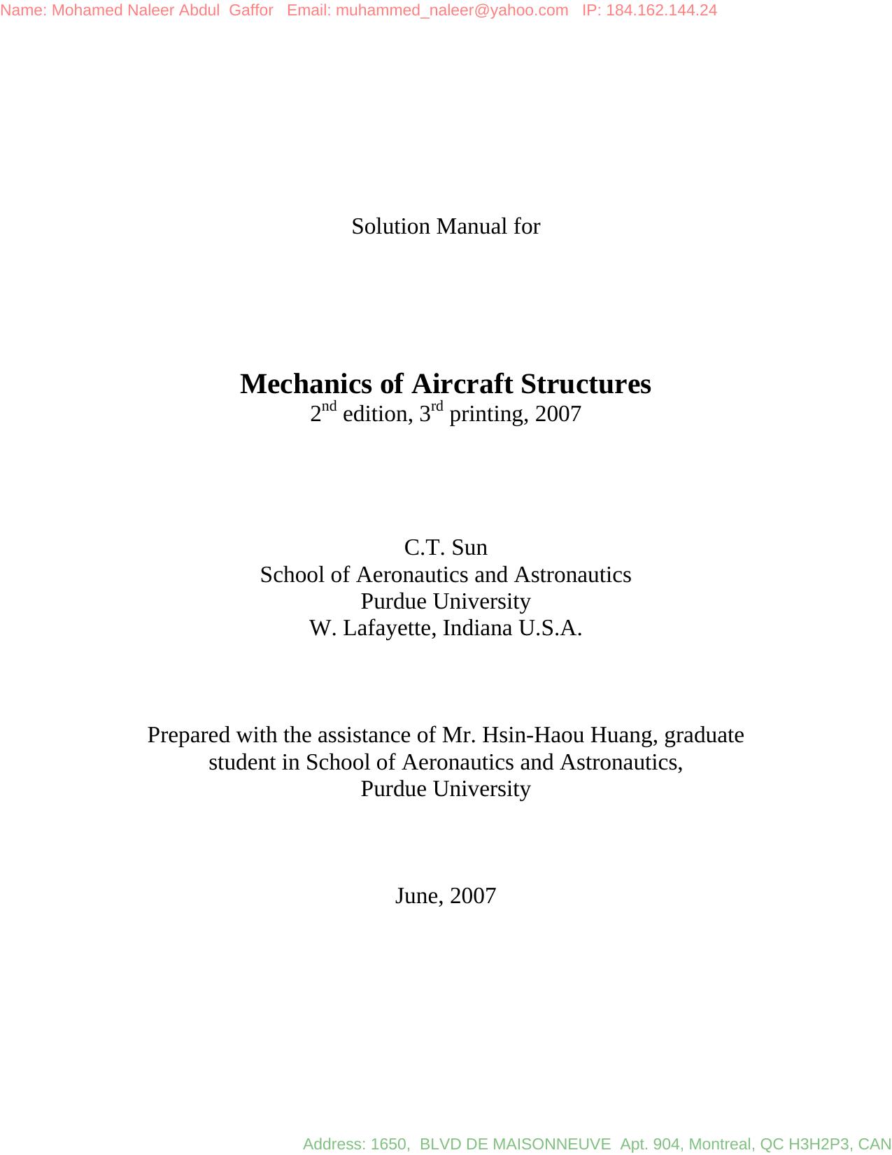 Solution Manual for Mechanics of Aircraft Structures 2'nd edition C.T. Sun by C T sun