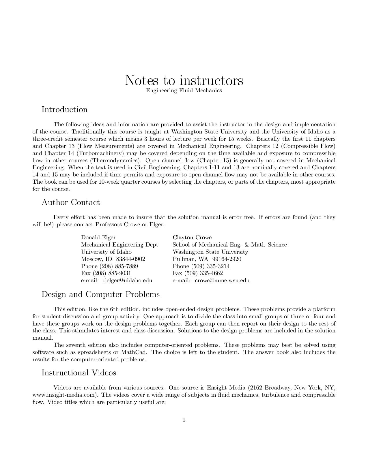 Solution Manual to Engineering Fluid Mechancs by Clayton Crowe & Donald Elger