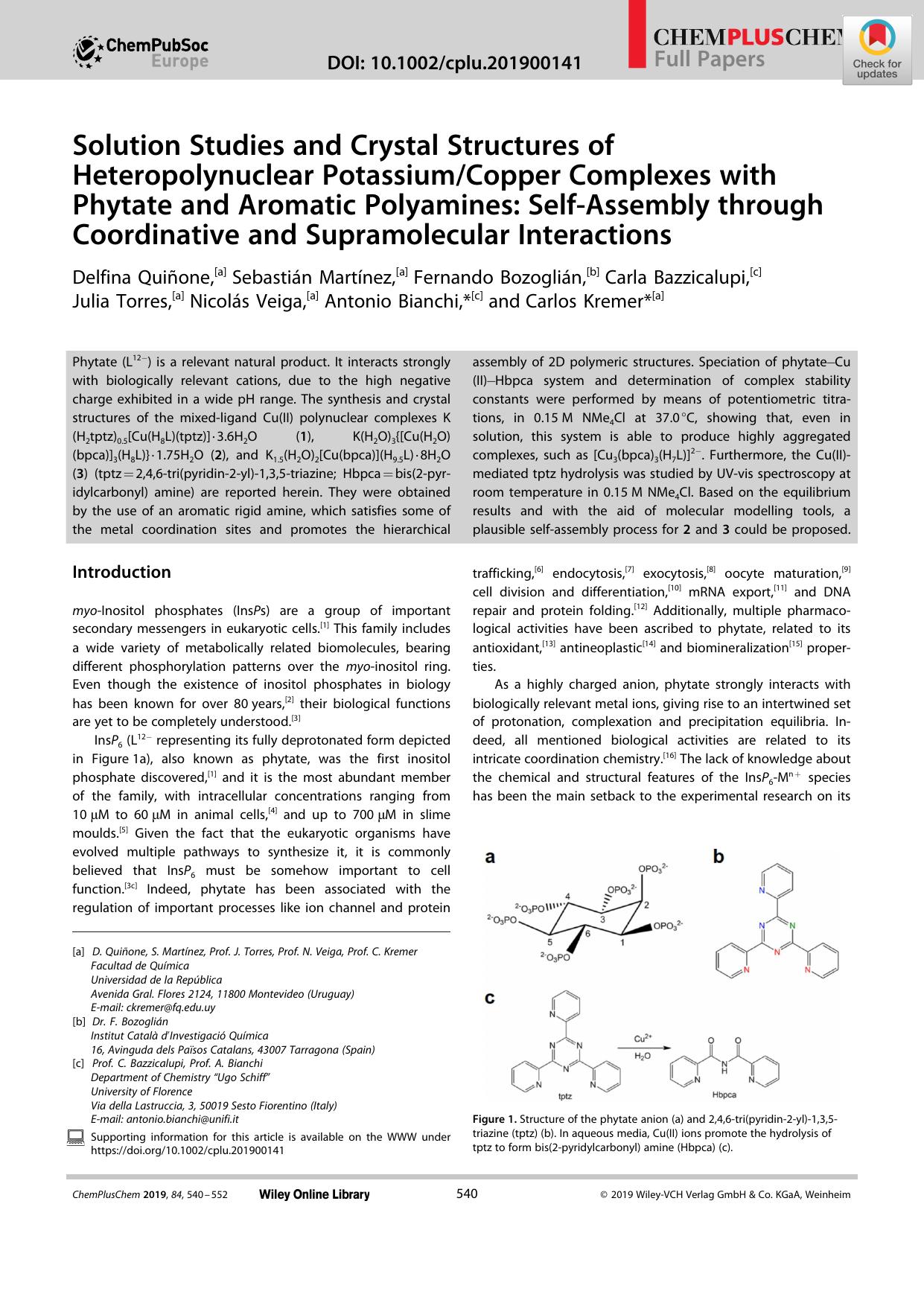 Solution Studies and Crystal Structures of Heteropolynuclear PotassiumCopper Complexes with Phytate and Aromatic Polyamines: SelfâAssembly through Coordinative and Supramolecular Interactions by Unknown