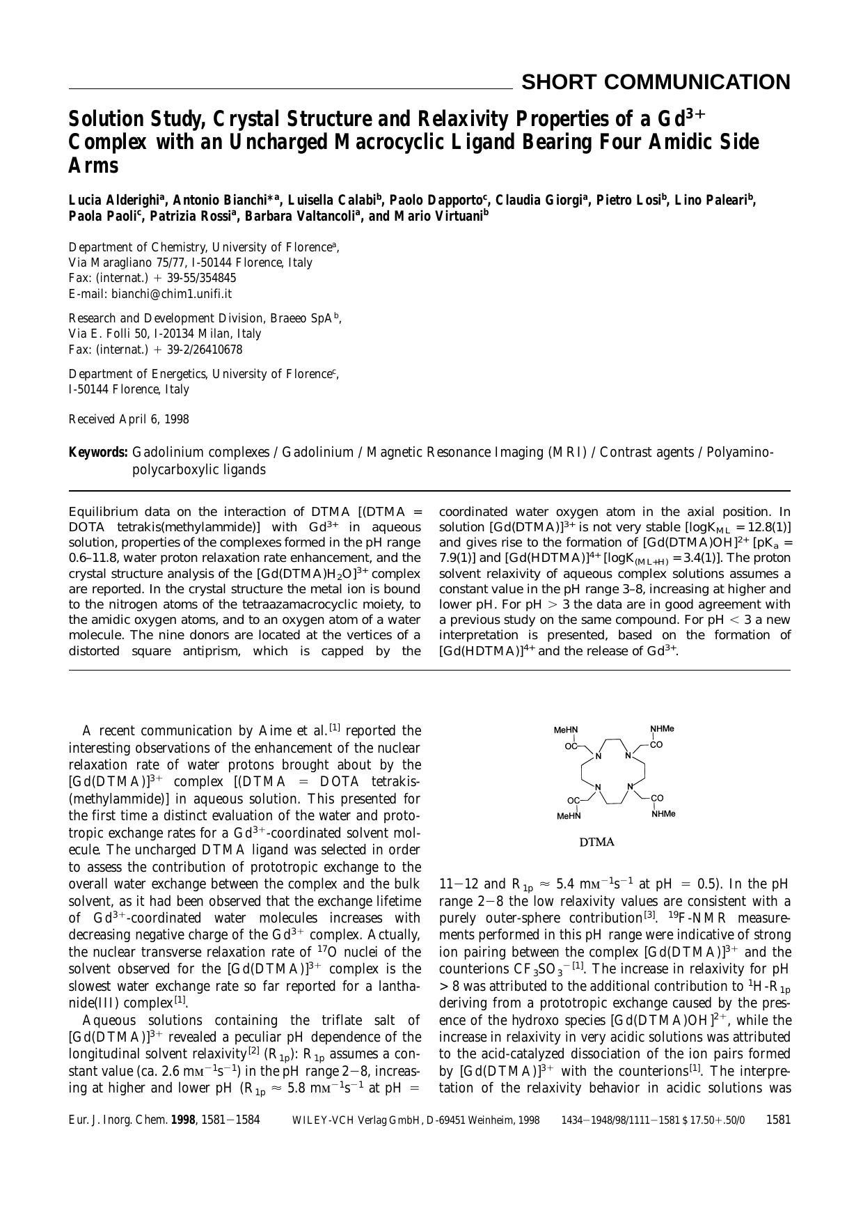 Solution Study, Crystal Structure and Relaxivity Properties of a Gd3+ Complex with an Uncharged Macrocyclic Ligand Bearing Four Amidic Side Arms by Unknown