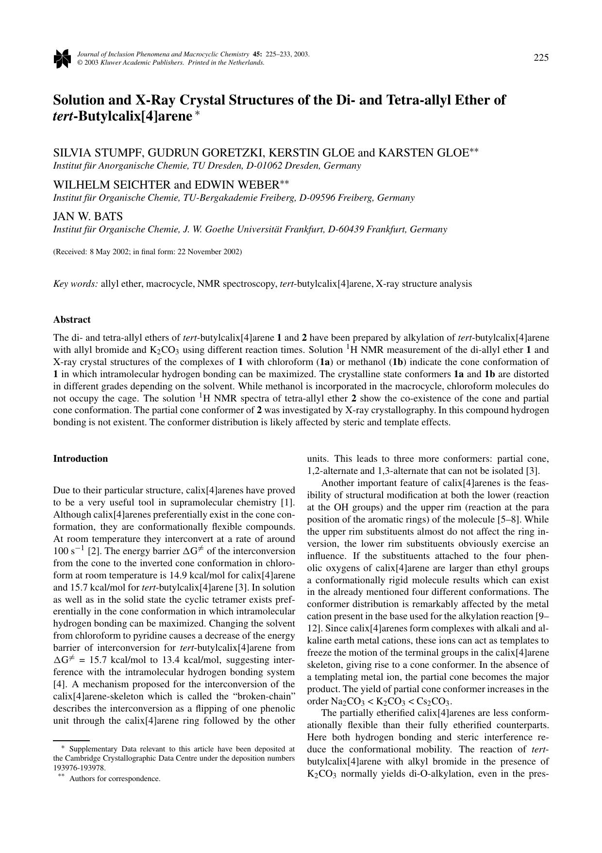Solution and X-Ray Crystal Structures of the Di- and Tetra-allyl Ether of <Emphasis Type="BoldItalic">tert<Emphasis>- utylcalix[4]arene by Unknown