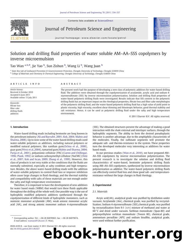 Solution and drilling fluid properties of water soluble AMâAAâSSS copolymers by inverse microemulsion by Tao Wan & Jie Yao & Sun Zishun & Wang Li & Wang Juan