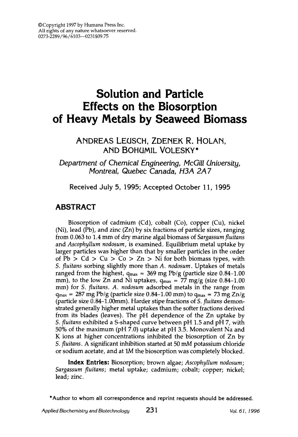 Solution and particle effects on the biosorption of heavy metals by seaweed biomass by Unknown
