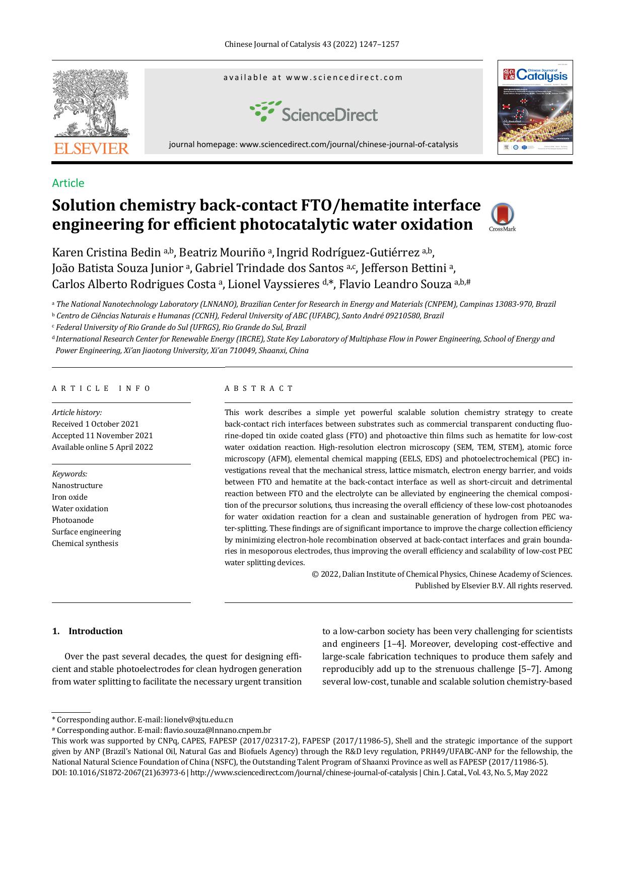 Solution chemistry back-contact FTOhematite interface engineering for efficient photocatalytic water oxidation by Karen Cristina Bedin