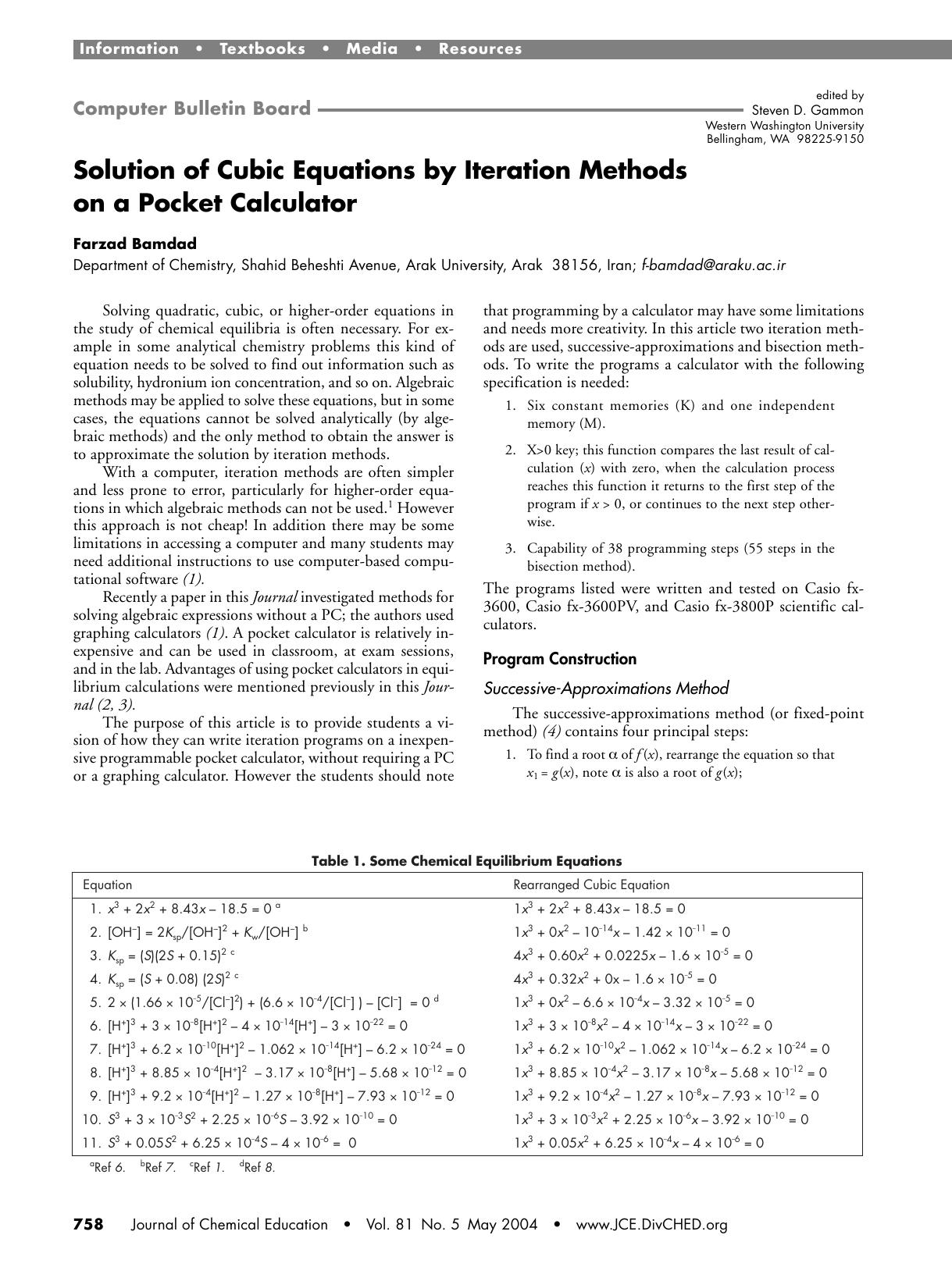 Solution of Cubic Equations by Iteration Methods on a Pocket Calculator by Farzad Bamdad
