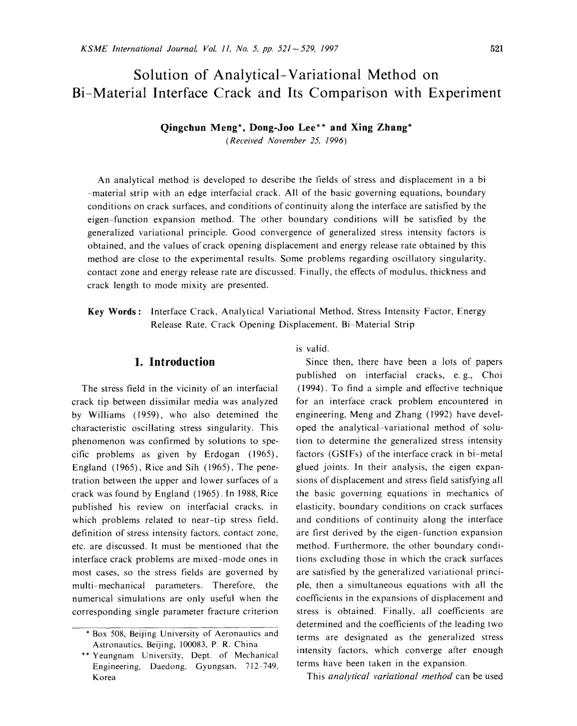 Solution of analytical-variational method on bi-material interface crack and its comparison with experiment by Unknown