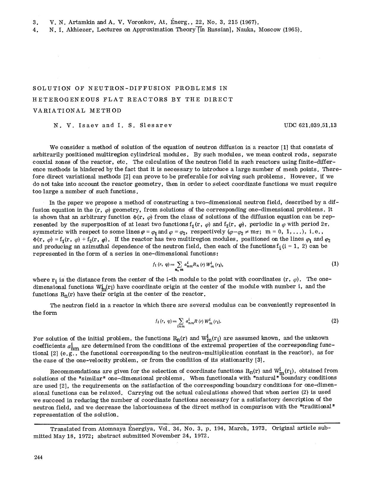 Solution of neutron-diffusion problems in heterogeneous flat reactors by the direct variational method by Unknown