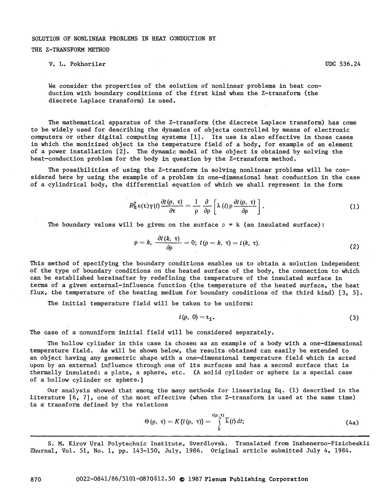 Solution of nonlinear problems in heat conduction by the z-transform method by Unknown