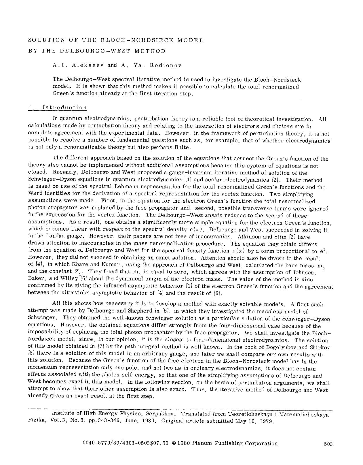 Solution of the Bloch-Nordsieck model by the Delbourgo-West method by Unknown