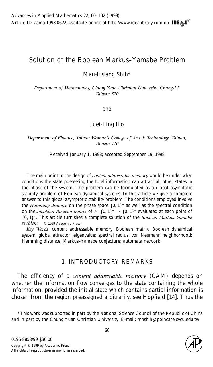 Solution of the Boolean Markus-Yamabe Problem by Shih M.H. et al