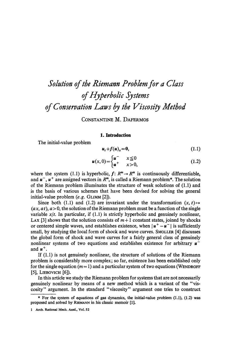 Solution of the Riemann problem for a class of hyperbolic systems of conservation laws by the viscosity method by Unknown