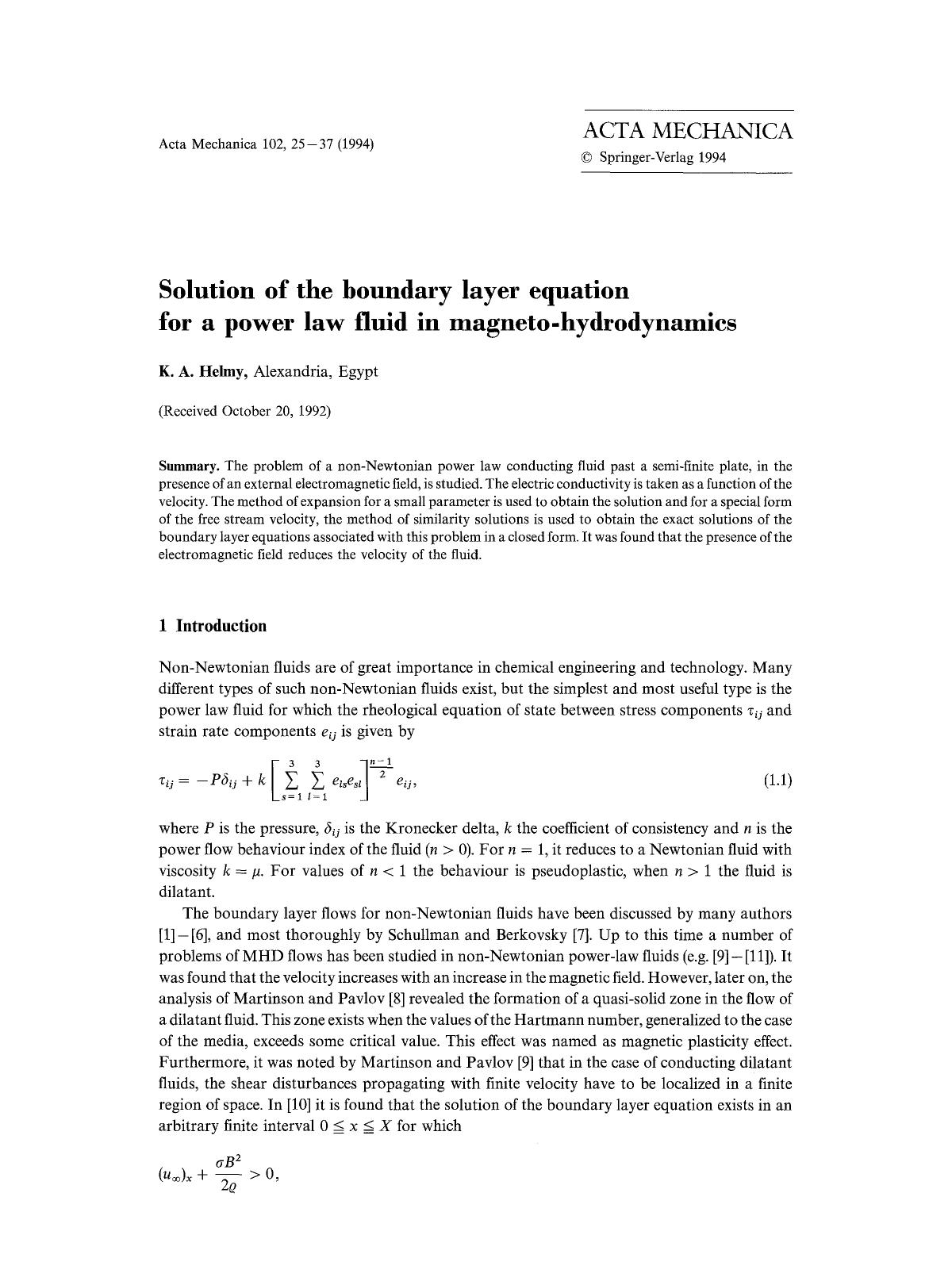 Solution of the boundary layer equation for a power law fluid in magneto-hydrodynamics by Unknown