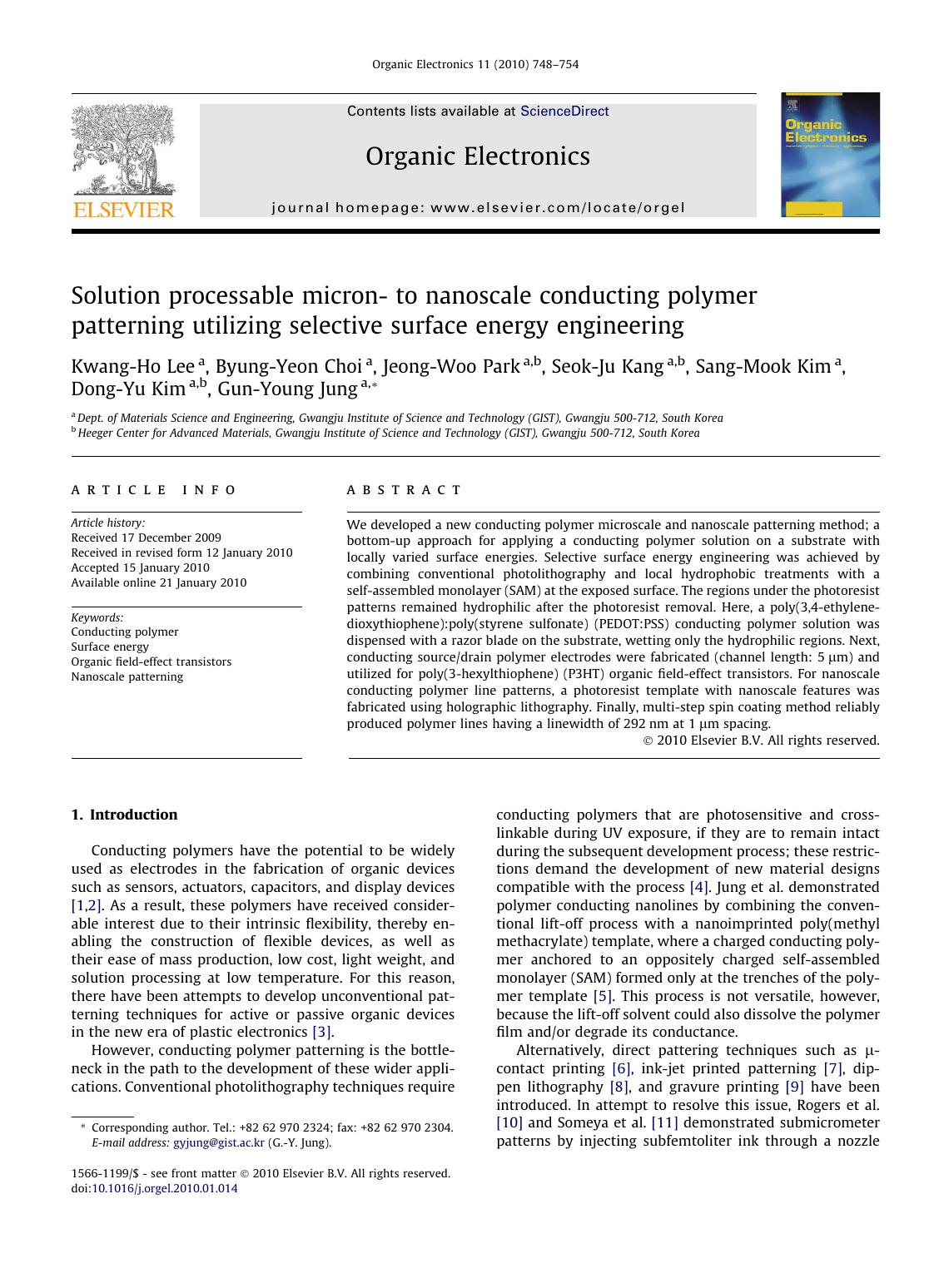 Solution processable micron- to nanoscale conducting polymer patterning utilizing selective surface energy engineering by unknow