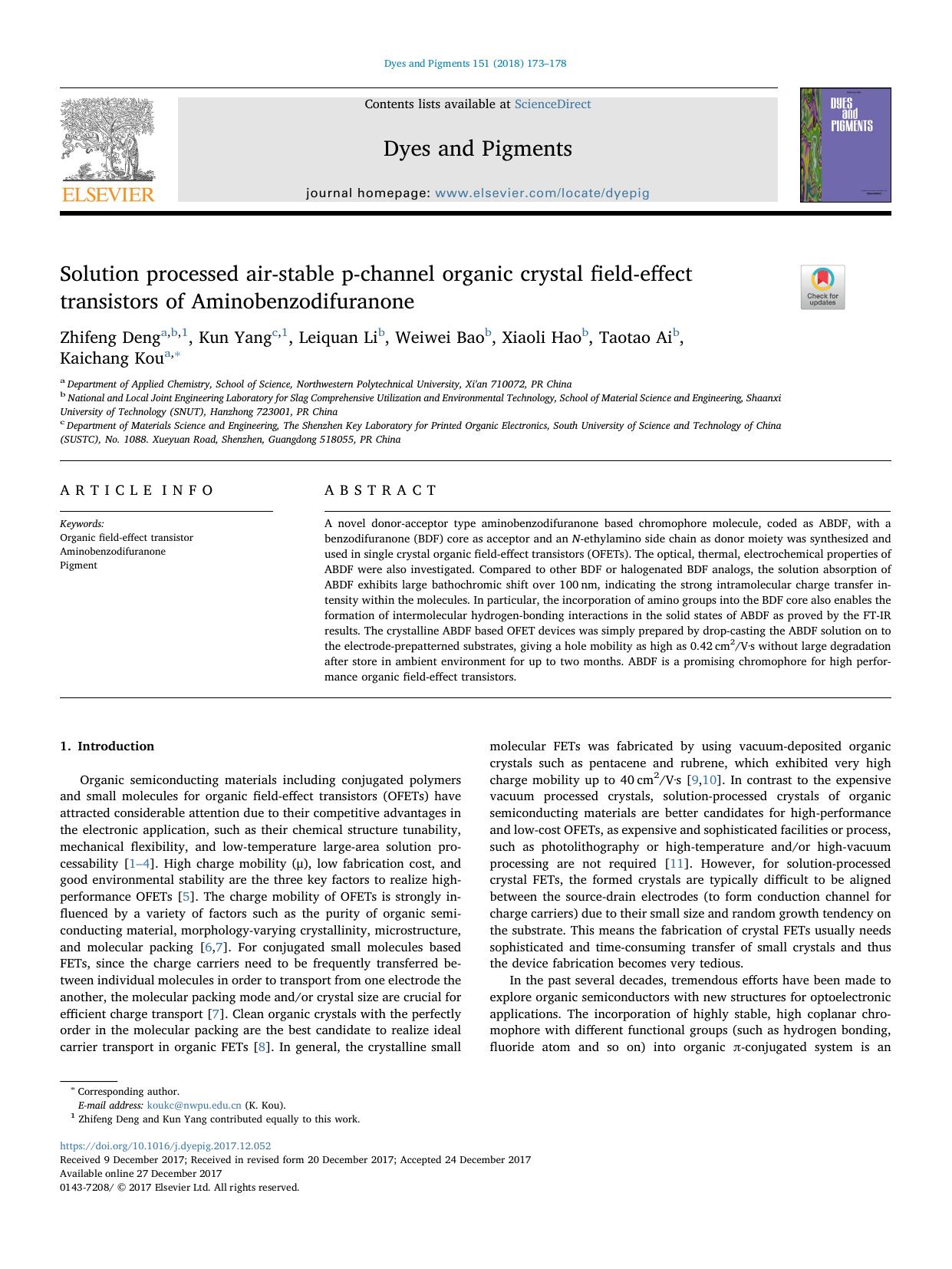 Solution processed air-stable p-channel organic crystal field-effect transistors of Aminobenzodifuranone by Zhifeng Deng & Kun Yang & Leiquan Li & Weiwei Bao & Xiaoli Hao & Taotao Ai & Kaichang Kou