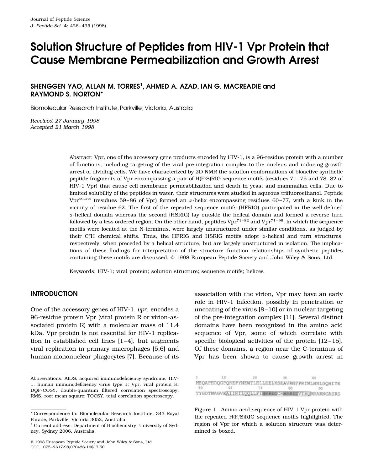 Solution structure of peptides from HIV-1 Vpr protein that cause membrane permeabilization and growth arrest by Unknown