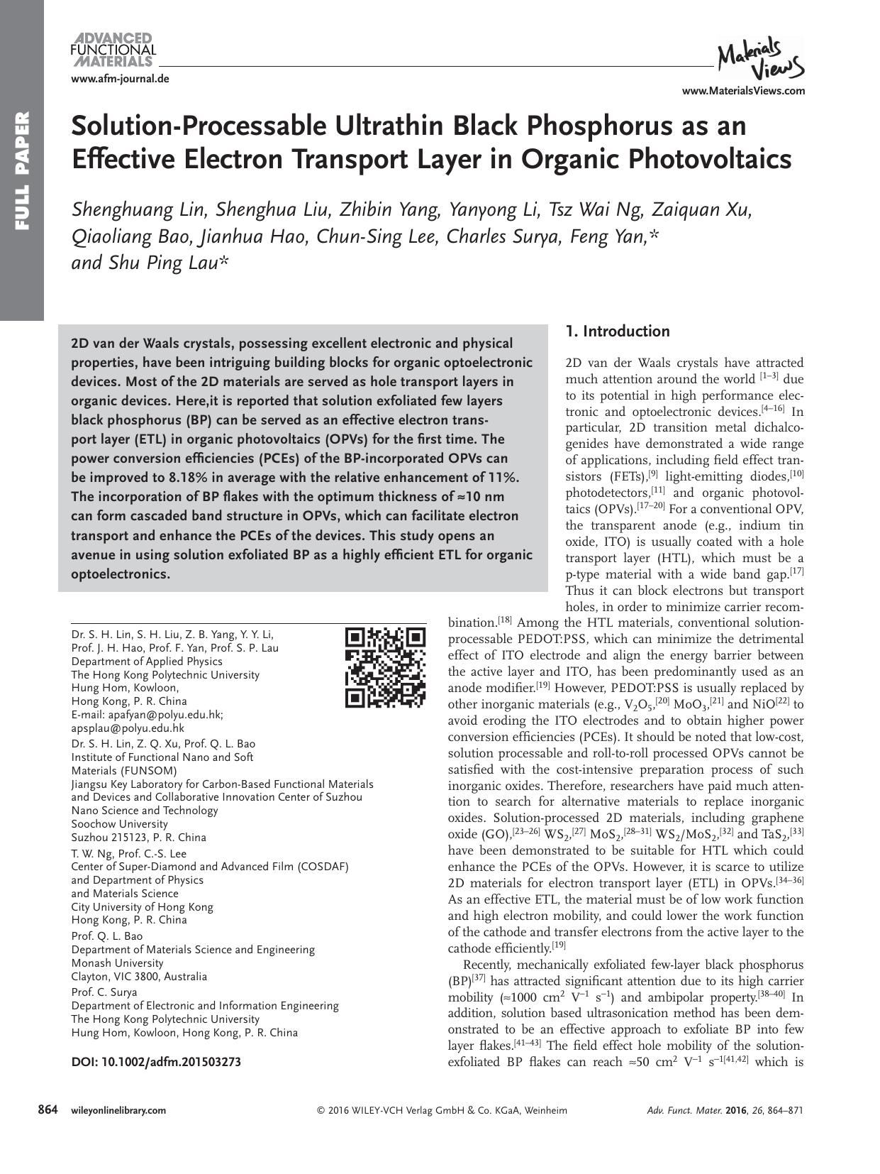 Solution‐Processable Ultrathin Black Phosphorus as an Effective Electron Transport Layer in Organic Photovoltaics by Unknown