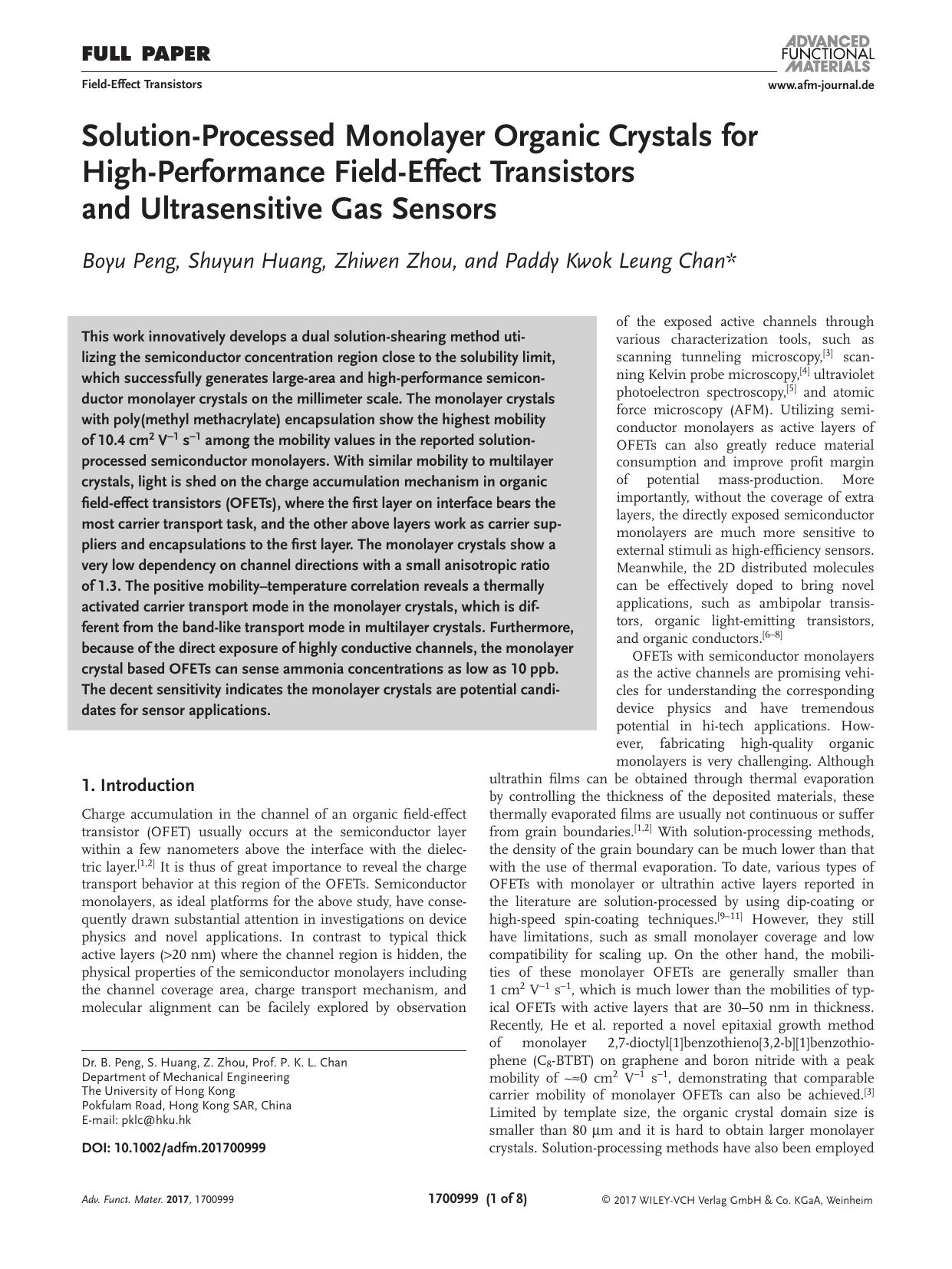 Solution‐Processed Monolayer Organic Crystals for High‐Performance Field‐Effect Transistors and Ultrasensitive Gas Sensors by Unknown