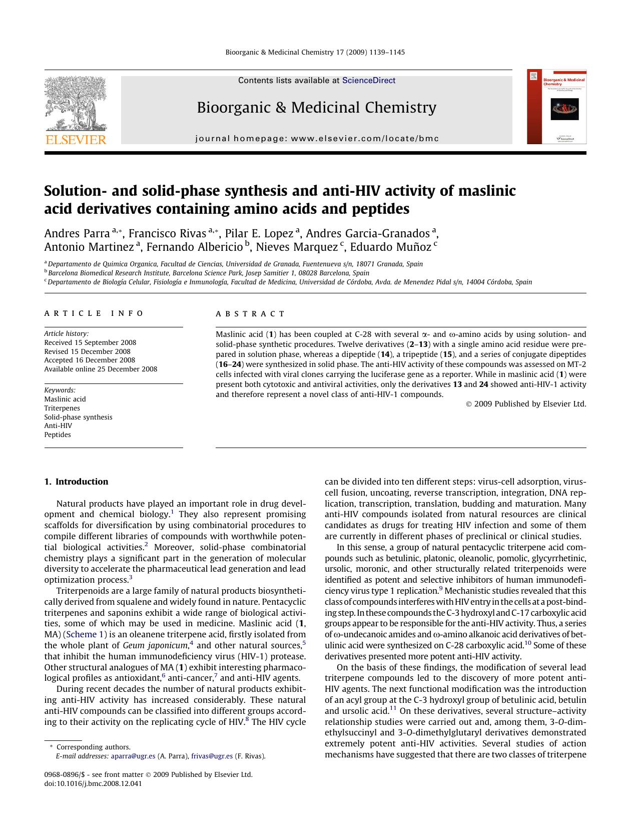 Solution- and solid-phase synthesis and anti-HIV activity of maslinic acid derivatives containing amino acids and peptides by unknow