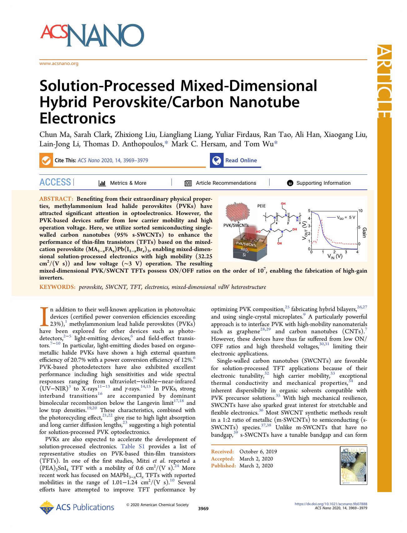 Solution-Processed Mixed-Dimensional Hybrid PerovskiteCarbon Nanotube Electronics by unknow