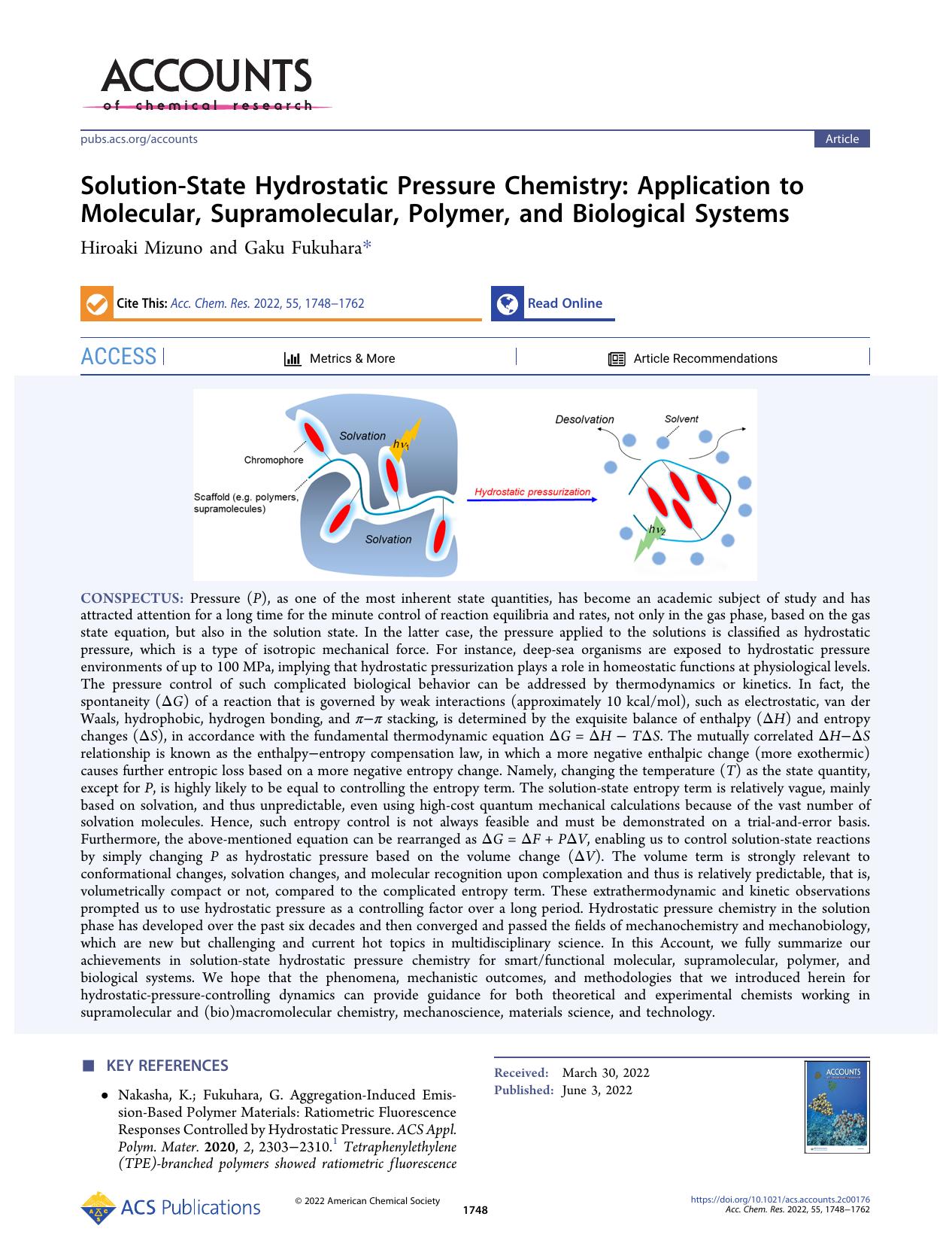 Solution-State Hydrostatic Pressure Chemistry: Application to Molecular, Supramolecular, Polymer, and Biological Systems by Hiroaki Mizuno and Gaku Fukuhara