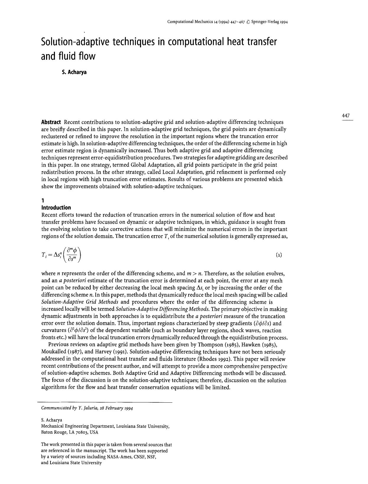 Solution-adaptive techniques in computational heat transfer and fluid flow by Unknown