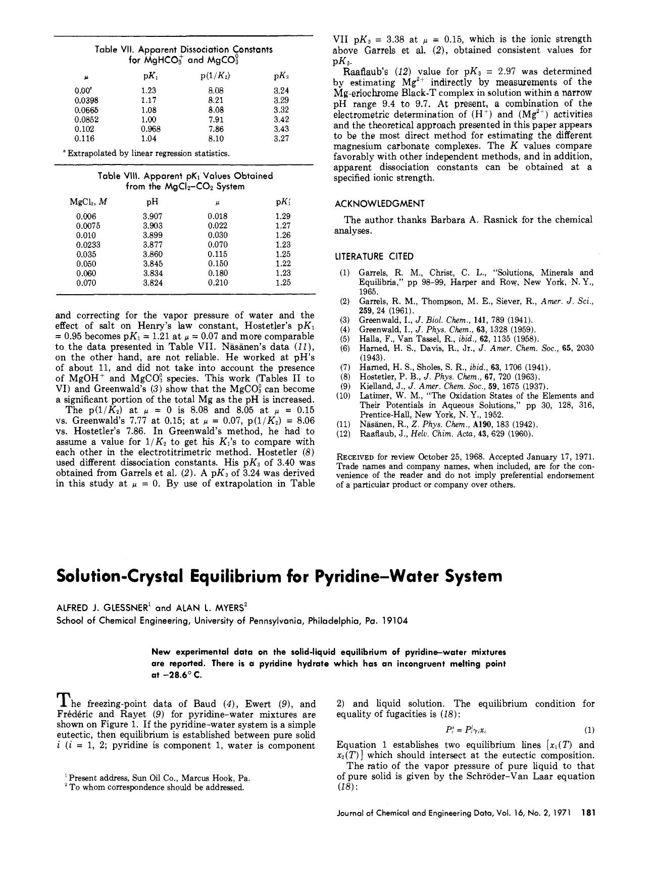 Solution-crystal equilibrium for pyridine-water system by Alan L. Myers Alfred J. Glessner