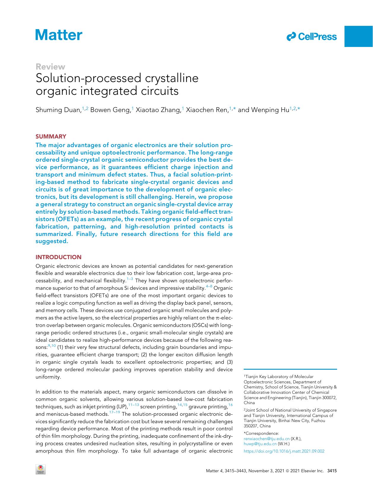 Solution-processed crystalline organic integrated circuits by Shuming Duan