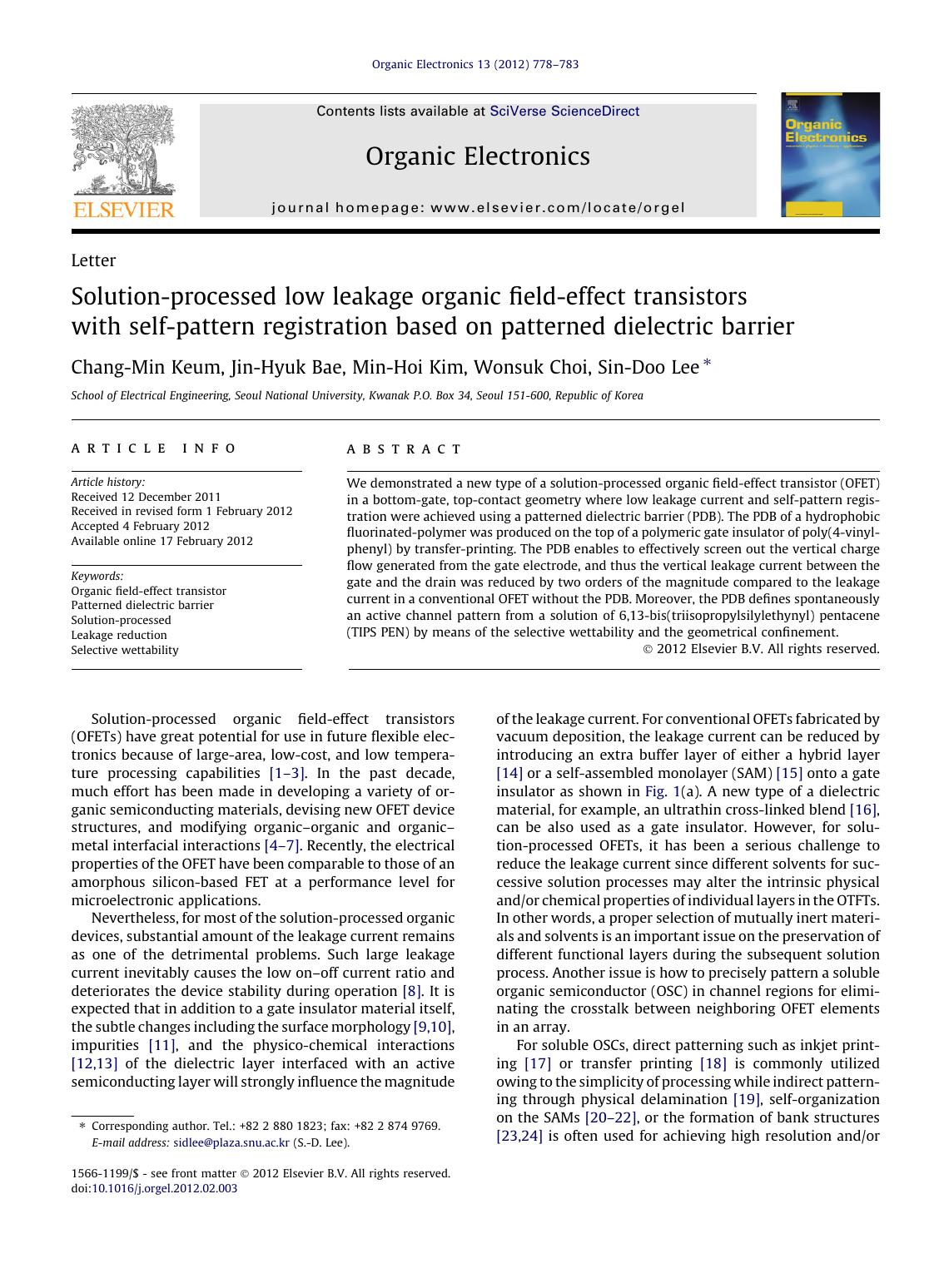Solution-processed low leakage organic field-effect transistors with self-pattern registration based on patterned dielectric barrier by Chang-Min Keum & Jin-Hyuk Bae & Min-Hoi Kim & Wonsuk Choi & Sin-Doo Lee