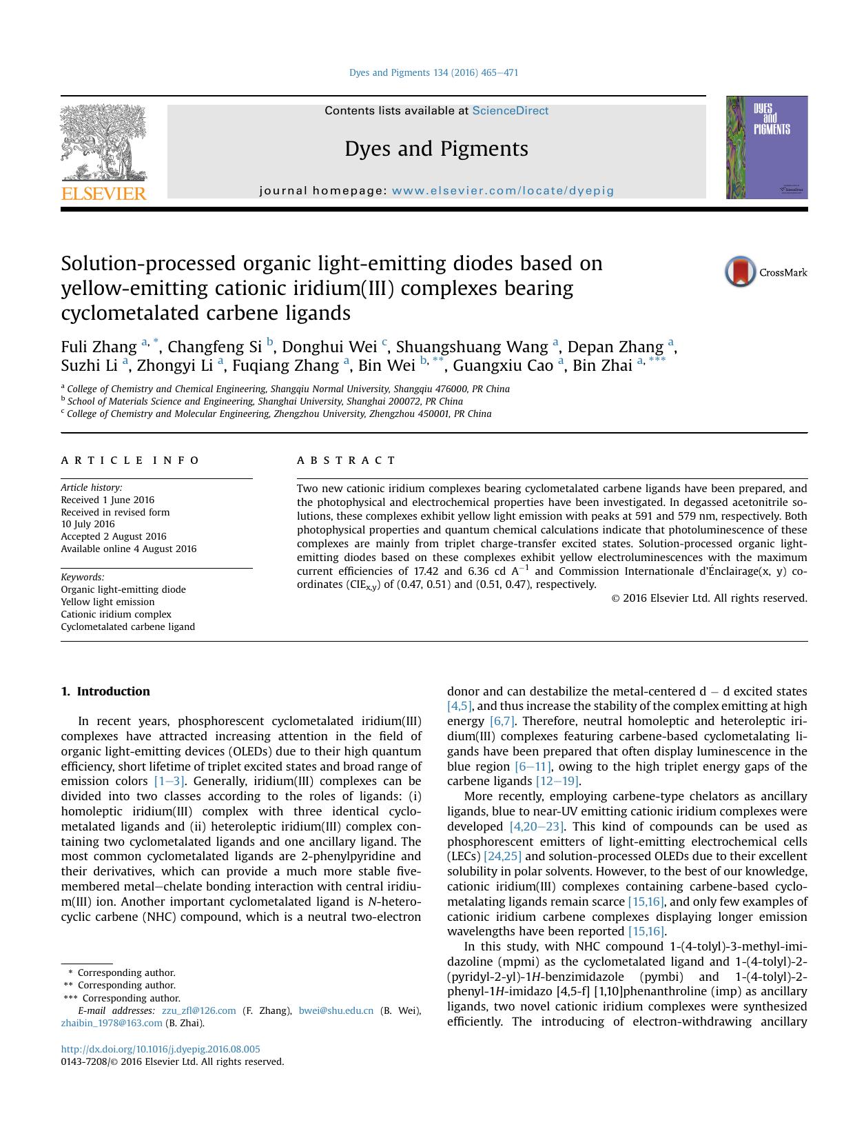 Solution-processed organic light-emitting diodes based on yellow-emitting cationic iridium(III) complexes bearing cyclometalated carbene ligands by unknow