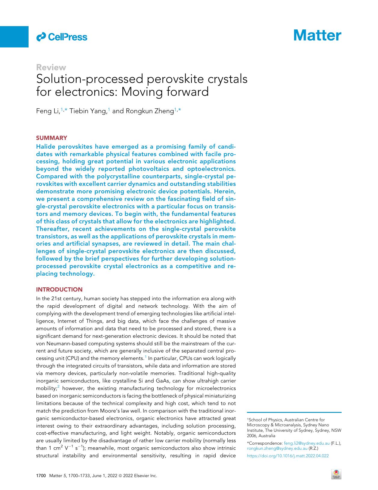 Solution-processed perovskite crystals for electronics: Moving forward by Feng Li & Tiebin Yang & Rongkun Zheng