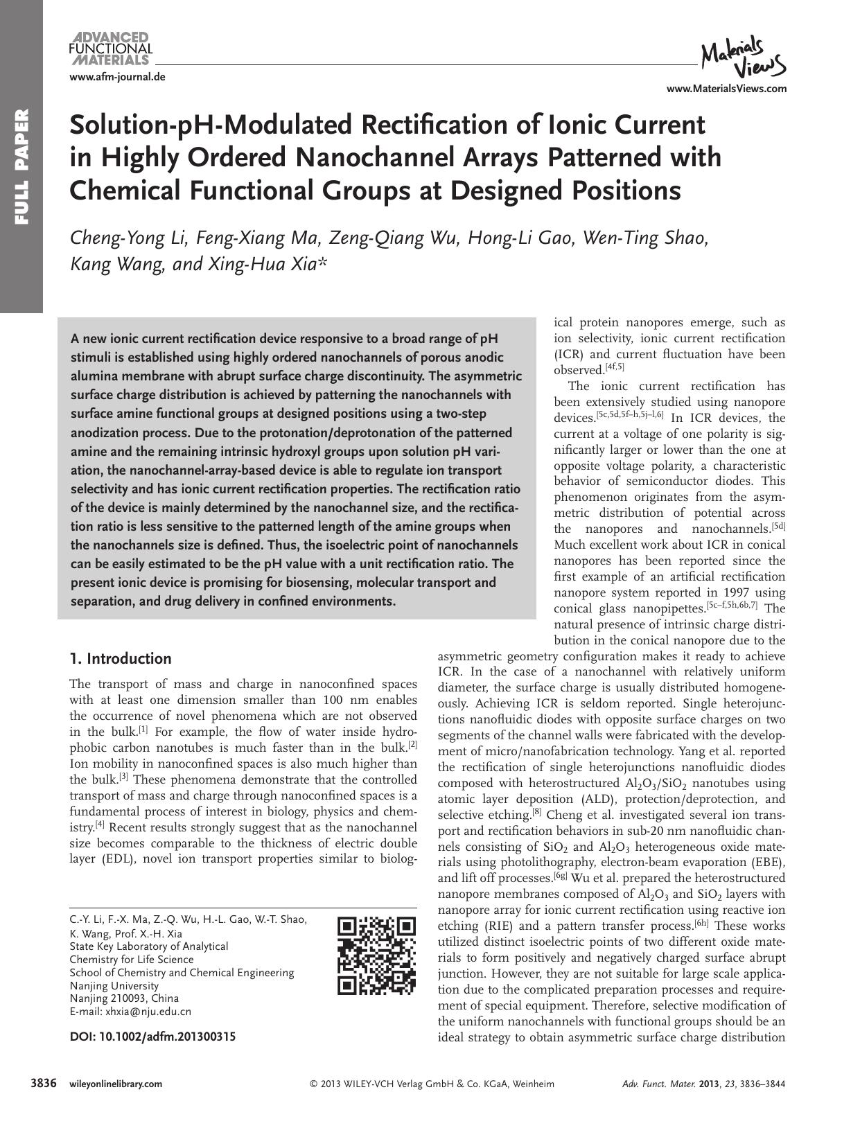 SolutionpHModulated Rectification of Ionic Current in Highly Ordered Nanochannel Arrays Patterned with Chemical Functional Groups at Designed Positions by f-282-imac