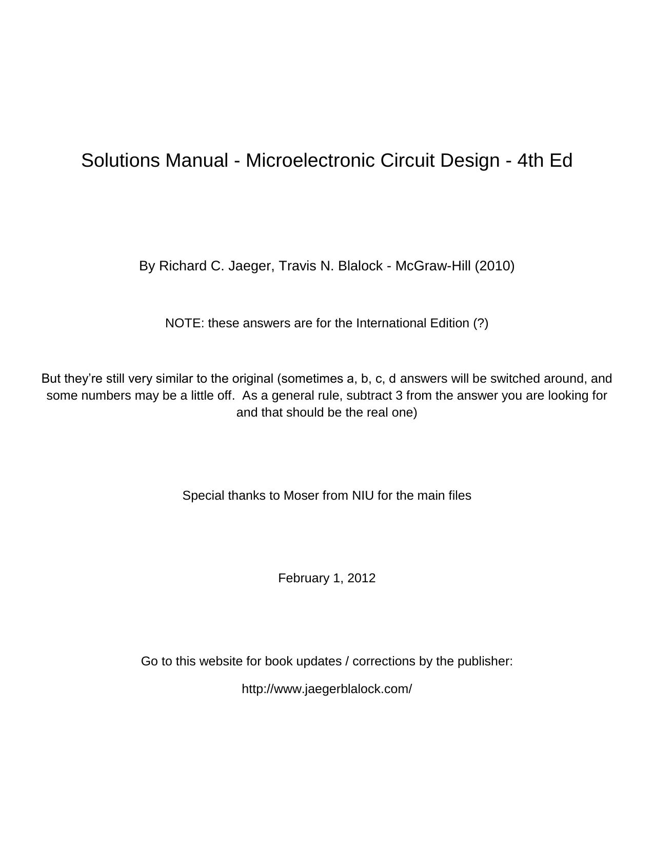 Solutions Manual - Microelectronic Circuit Design by Adam Dunsmoor
