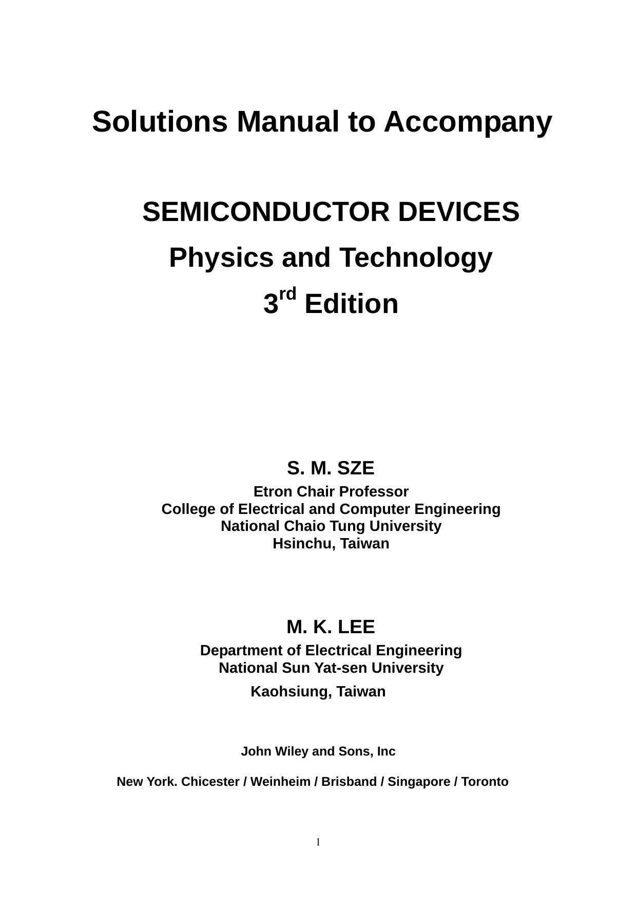 Solutions Manual - Semiconductor Devices - Physics and Technology by 3 ed