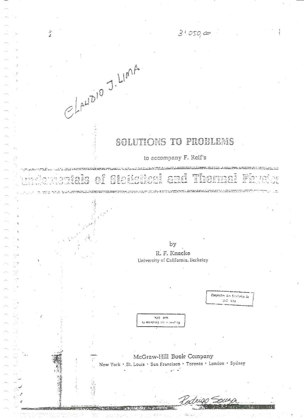 Solutions Manual for Fundamentals of Statistical and Thermal Physics by Frederick Reif by R. F. Knacke