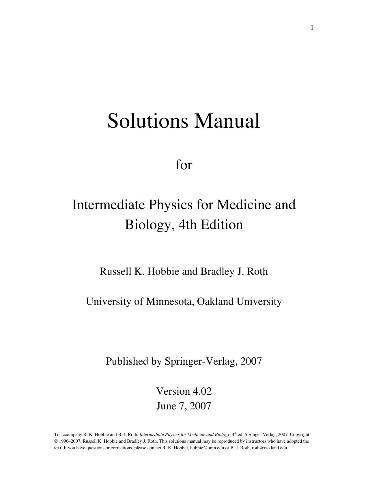 Solutions Manual for Intermediate Physics for Medicine and Biology by Russell K. Hobbie Bradley J. Roth