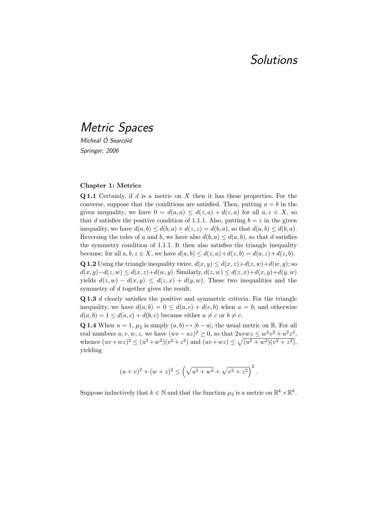 Solutions Manual. Metric Spaces (Springer Undergraduate Mathematics Series) by Mícheál O'Searcoid