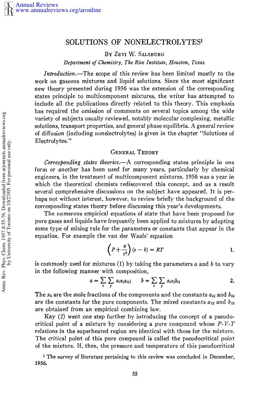 Solutions of Nonelectrolytes by Z W Salsburg
