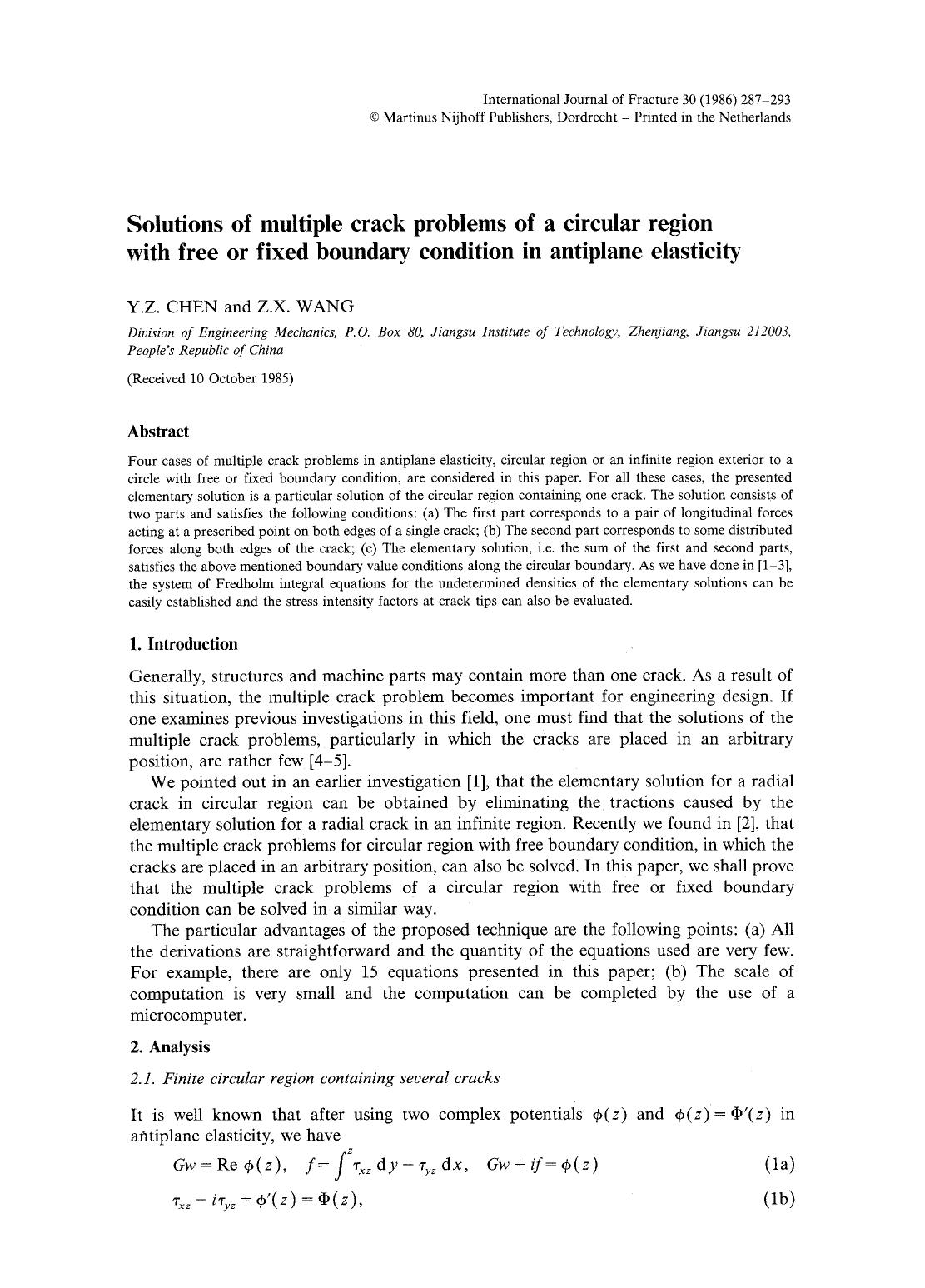 Solutions of multiple crack problems of a circular region with free or fixed boundary condition in antiplane elasticity by Unknown