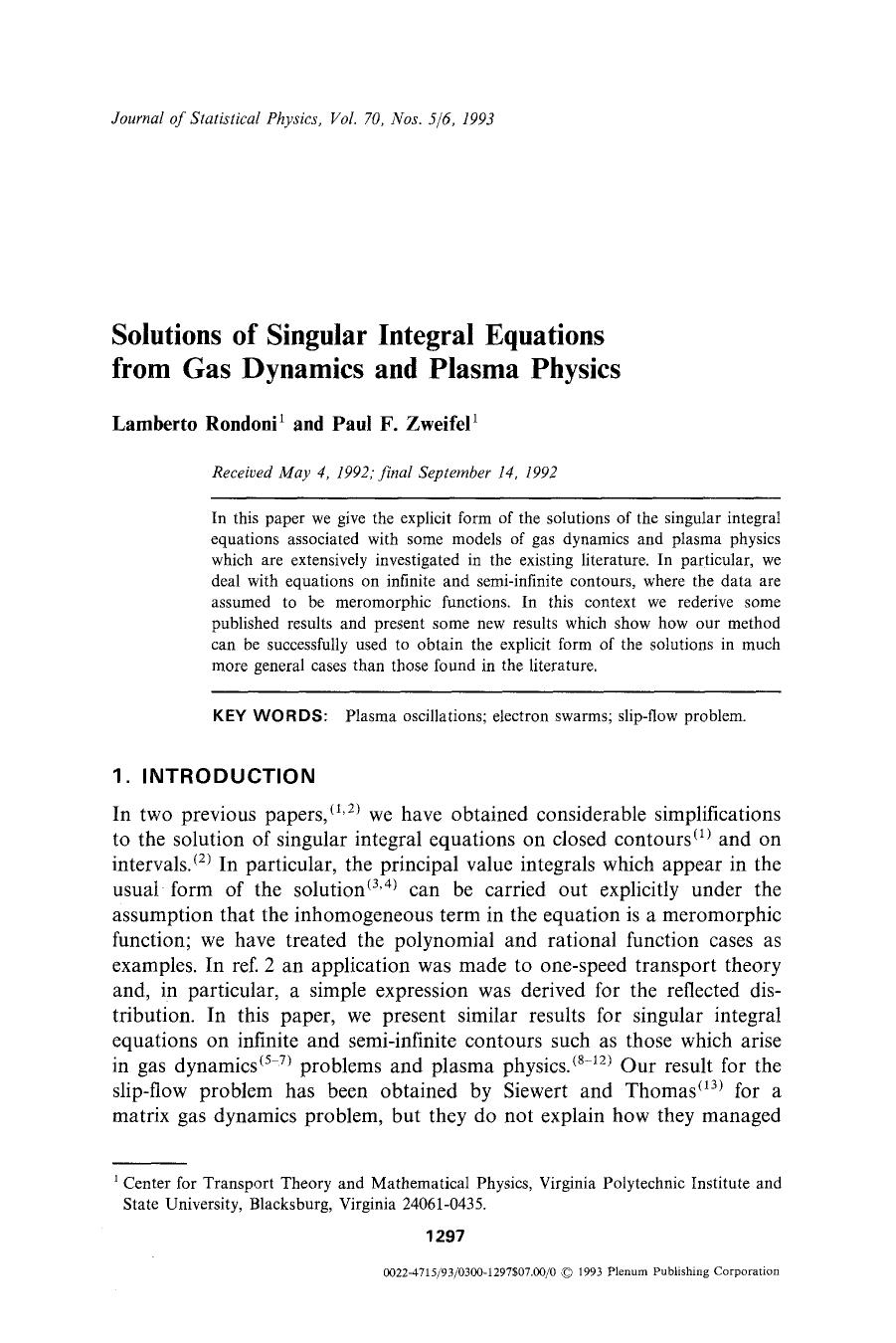 Solutions of singular integral equations from gas dynamics and plasma physics by Unknown