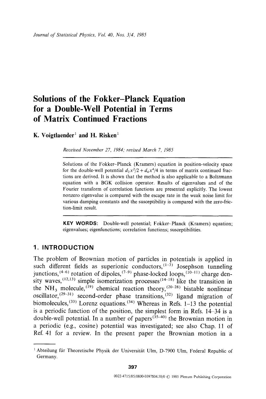 Solutions of the Fokker-Planck equation for a double-well potential in terms of matrix continued fractions by Unknown