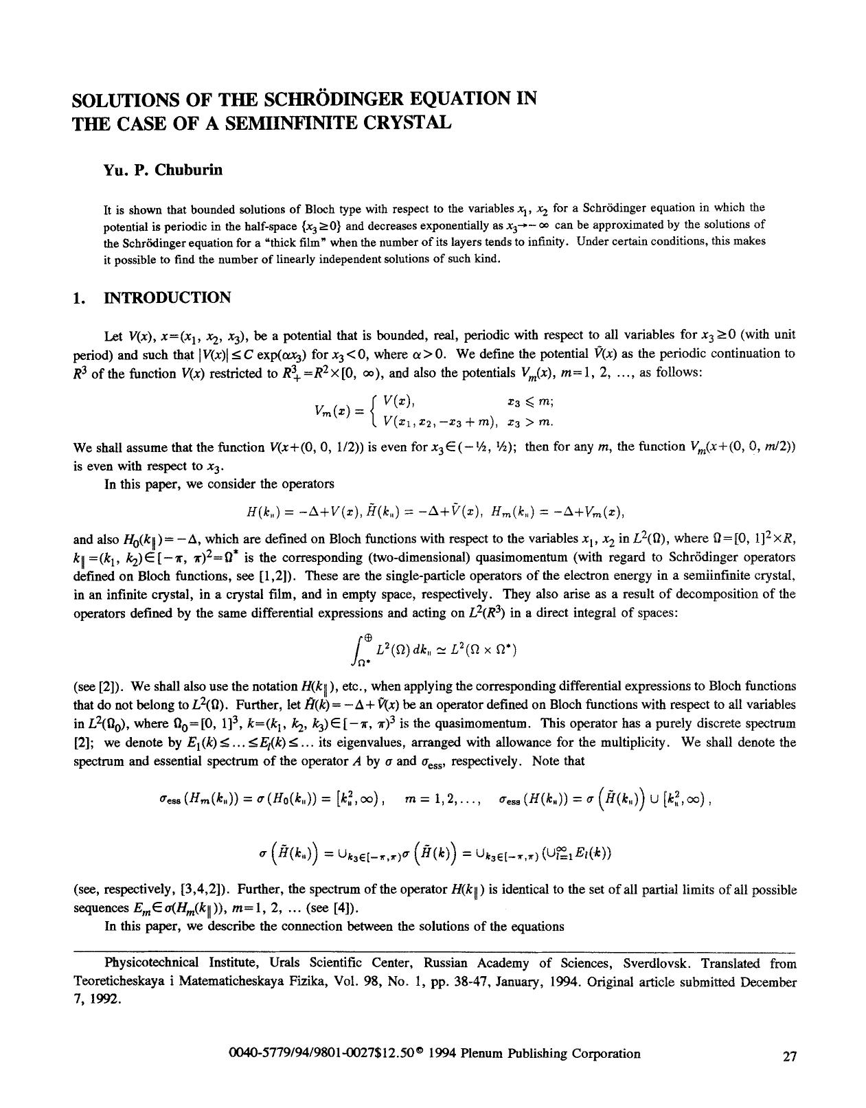 Solutions of the Schrödinger equation in the case of a semiinfinite crystal by Unknown