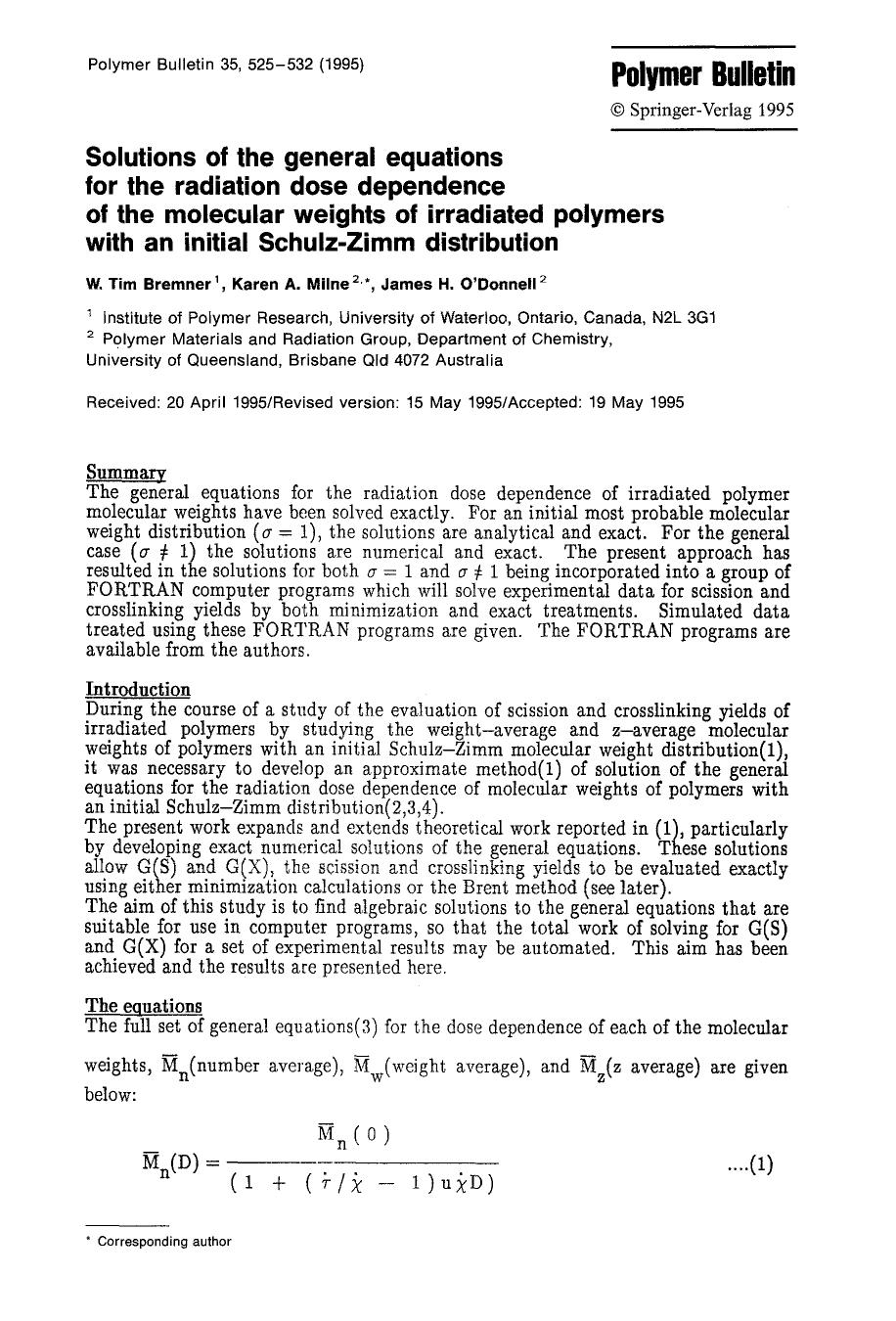 Solutions of the general equations for the radiation dose dependence of the molecular weights of irradiated polymers with an initial Schulz-Zimm distribution by Unknown