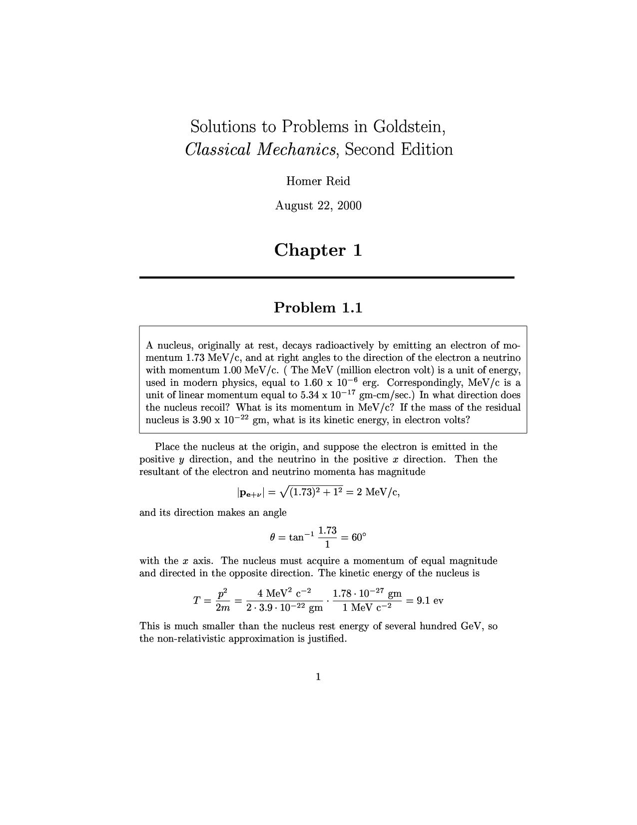 Solutions to Problems in Goldstein's Classical Mechanics by Homer Reid